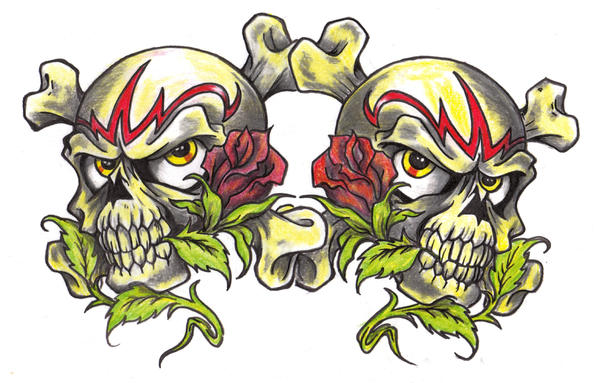 Double Skull an Roses.. - chest tattoo