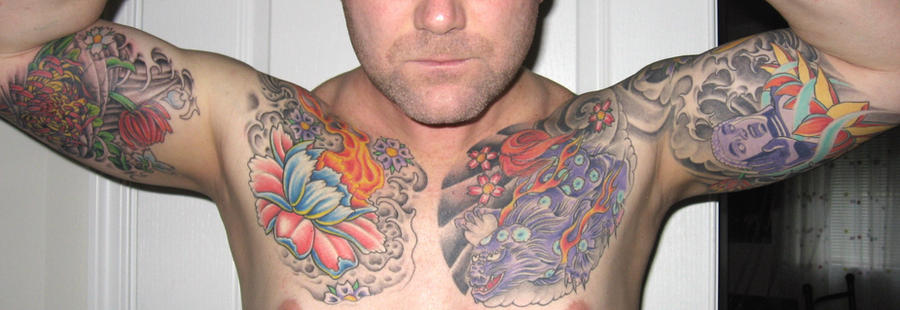 Chest Arm Tattoos - Foo, Peony - chest tattoo