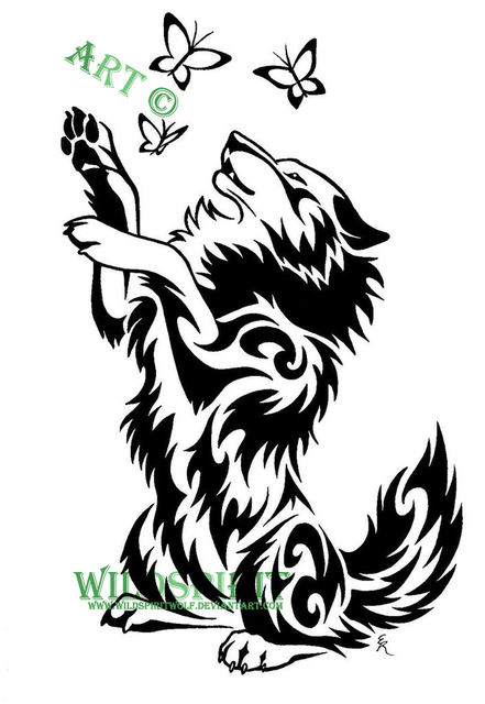 tribal wolf tattoo designs. Wolf And Butterflies Tattoo by