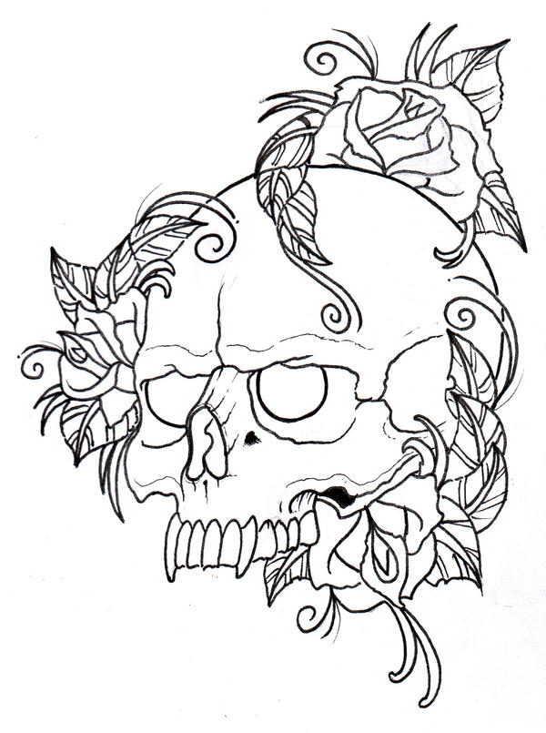 Skull and Roses Outline - flower tattoo