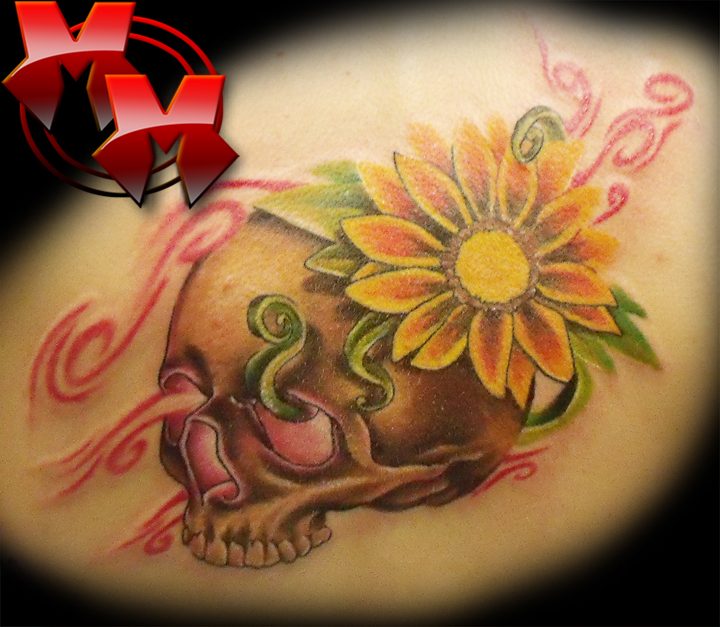skull and flower - flower tattoo