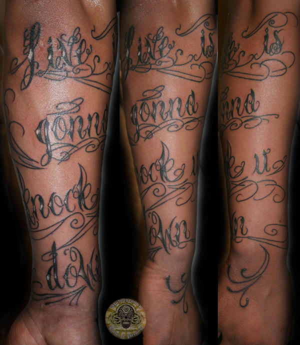 chicano script arm sleeve tat by 2Face-Tattoo