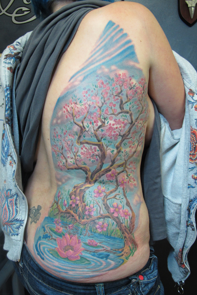 Women Back Piece Japanese Cherry Blossom Tattoo Picture 2