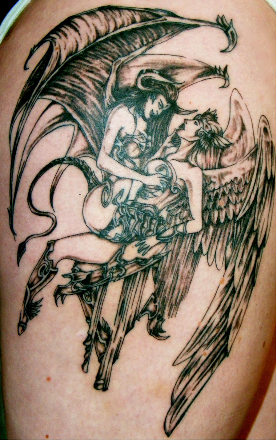 leg tattoo angel and demon by