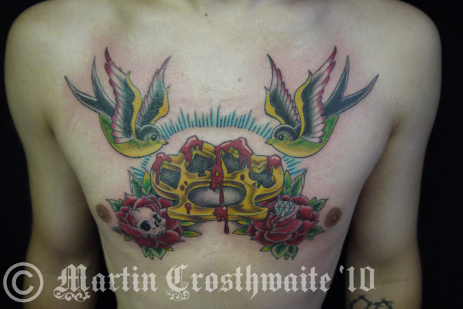 Swallow Knucks Roses Chest - chest tattoo