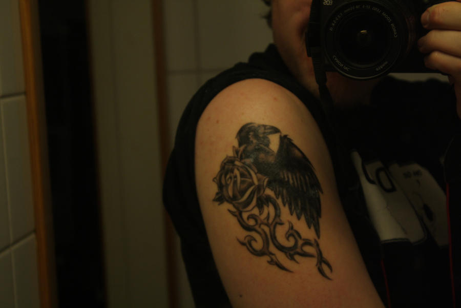 Stormraven's raven tattoo, work by Woodys tattoo studio in High Wycombe,