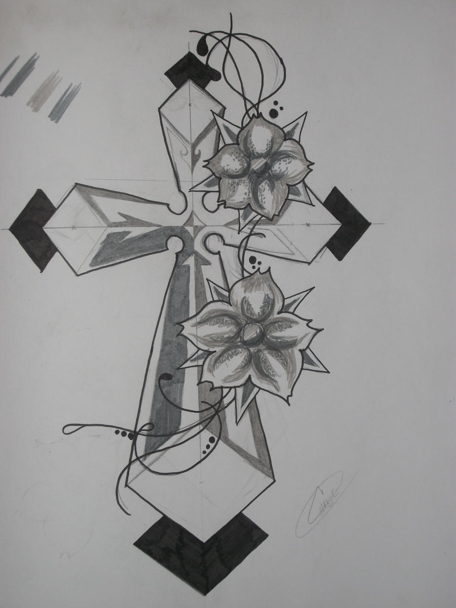 Tattoo Cross and Flowers by